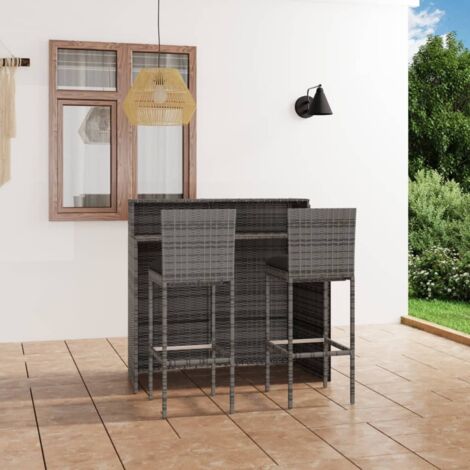 Vidaxl – Ensemble de bar de jardin 3 pcs – Résine tressée et acier enduit de poudre – Coussins amovibles gris – Dimensions table 120x55x110cm