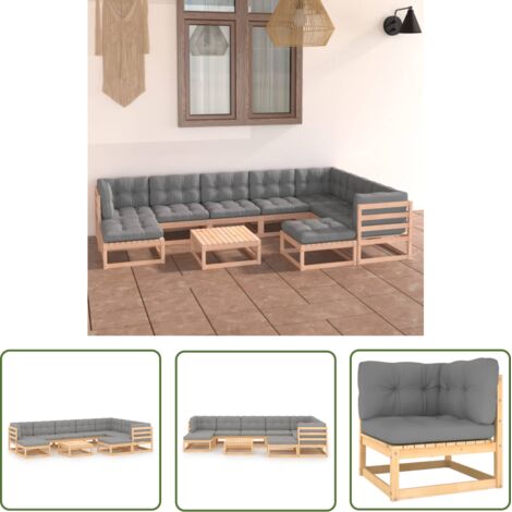 The Living Store Salon de jardin 10 pcs avec coussins Bois de pin massif - Salon De Jardin - Mobilier De Jardin - Set De Salon De Jardin - Meubles De Jardin - Bois De Pin (1/5)
