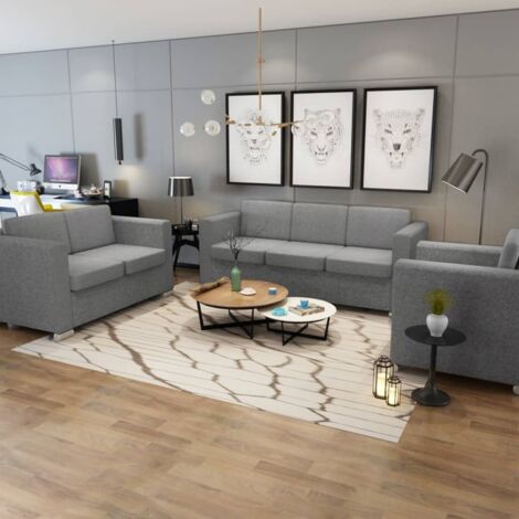 Vidaxl – Ensemble de canapés 3 pièces en tissu gris clair – Cadre en bois robuste – Coussins épais pour confort optimal – Dimensions canapé 3 places 191x73x78cm