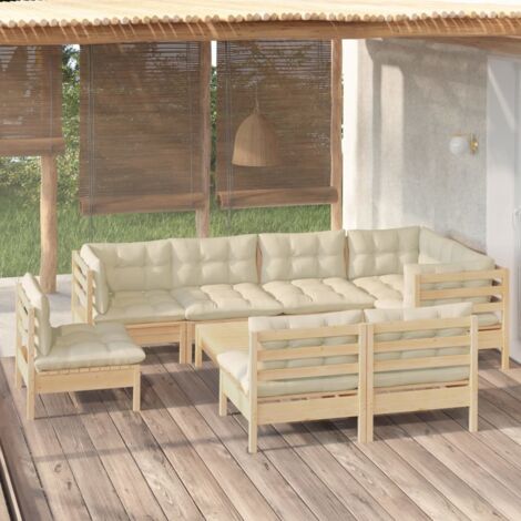 Salon de jardin 9 pcs avec coussins crème bois de pin massif vidaXL (1/5)