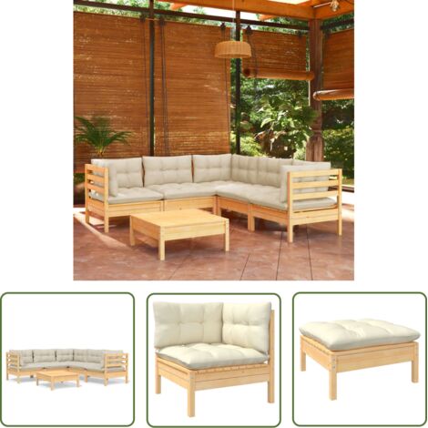 Salon de jardin 6 pcs avec coussins crème Bois de pin massif vidaXL (1/5)