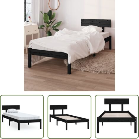 The Living Store Cadre de lit sans matelas noir bois massif 100x200 cm - Cadre De Lit - Lit Double - Lit En Bois - Lit Moderne - Literie (1/5)