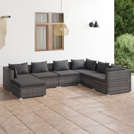 Salon de jardin 7 pcs avec coussins Résine tressée Gris vidaXL (1/5)