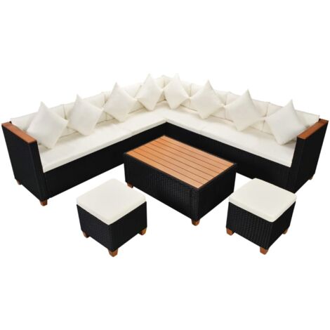 Salon de jardin 7 pcs avec coussins Résine tressée Noir vidaXL (1/5)