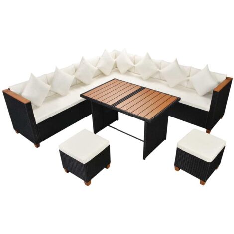 Salon de jardin 7 pcs avec coussins Résine tressée Noir vidaXL (1/5)