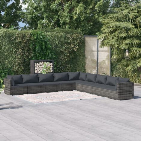 Salon de jardin 9 pcs avec coussins Résine tressée Gris