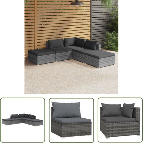 Salon de jardin 5 pcs avec coussins Résine tressée Gris vidaXL