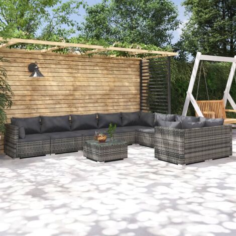 Salon de jardin 10 pcs avec coussins Résine tressée Gris vidaXL (1/5)