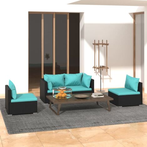 Salon de jardin 4 pcs avec coussins Résine tressée Noir vidaXL (1/5)