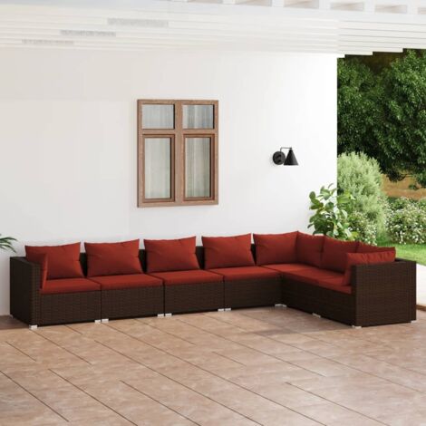 vidaXL Salon de jardin 7 pcs avec coussins Résine tressée Marron