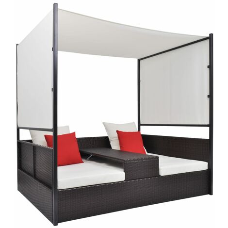 Vidaxl – Lit de jardin avec auvent réglable – Résine tressée marron – Table à thé amovible – Coussins épais 5 cm – Dimensions 190x130 cm