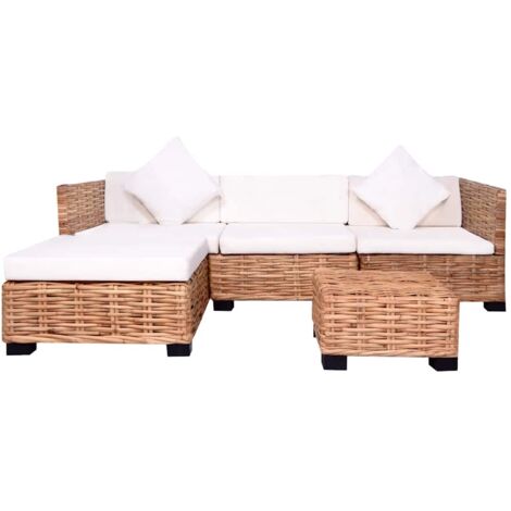 Vidaxl – Ensemble de canapés 14 pcs en rotin naturel – 2 canapés d'angle, 1 central, 1 pouf, 1 table basse – Coussins en coton et mousse – Assemblage facile