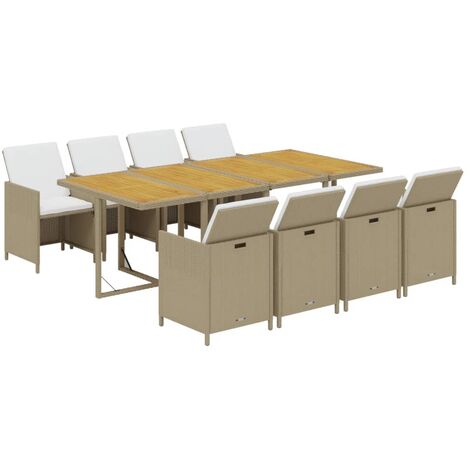 vidaXL Ensemble à manger de jardin et coussins 9 pcs Poly rotin Beige