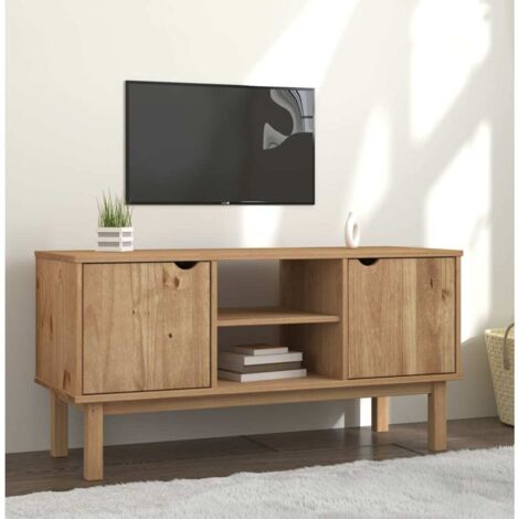 Vidaxl – Meuble TV scandinave 113,5x43x57 cm en bois de pin massif – 2 compartiments avec portes – Grand espace de rangement – Design moderne (1/6)