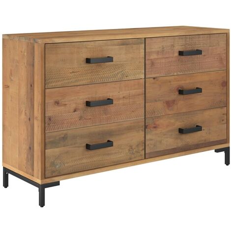 Vidaxl – Buffet marron 110x35x70 cm en bois de pin massif – 6 tiroirs – Pieds en métal – Style vintage industriel (1/5)