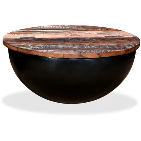 Vidaxl – Table basse gigogne en bois récupéré massif noir – Base en acier en forme de bol – Dimensions 60 x 27 cm – Avec compartiment de rangement