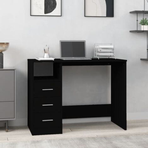 Vidaxl – Bureau droit noir 102x50x76 cm en bois d'ingénierie – 3 tiroirs et compartiment ouvert – Pour petits espaces de travail