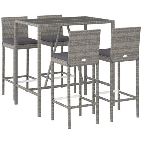 Vidaxl – Ensemble de bar de jardin 5 pcs – Résine tressée gris avec coussins – Table 110x70cm et tabourets 40x44x108cm – Verre trempé (1/6)