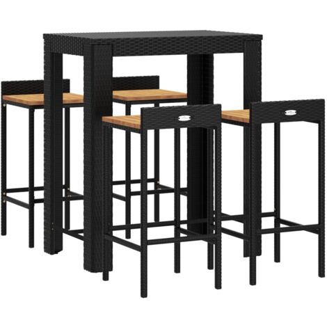 Vidaxl – Ensemble table et 4 tabourets de bar jardin – Résine tressée noire et bois d'acacia – Dimensions table 100x60,5x110,5 cm – Hauteur siège 78 cm (1/6)