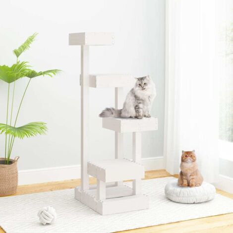 Vidaxl – Arbre à chat blanc 45,5x49x103 cm – Bois de pin massif – 4 plateformes pour grimper et se percher – Meuble robuste pour chats (1/5)