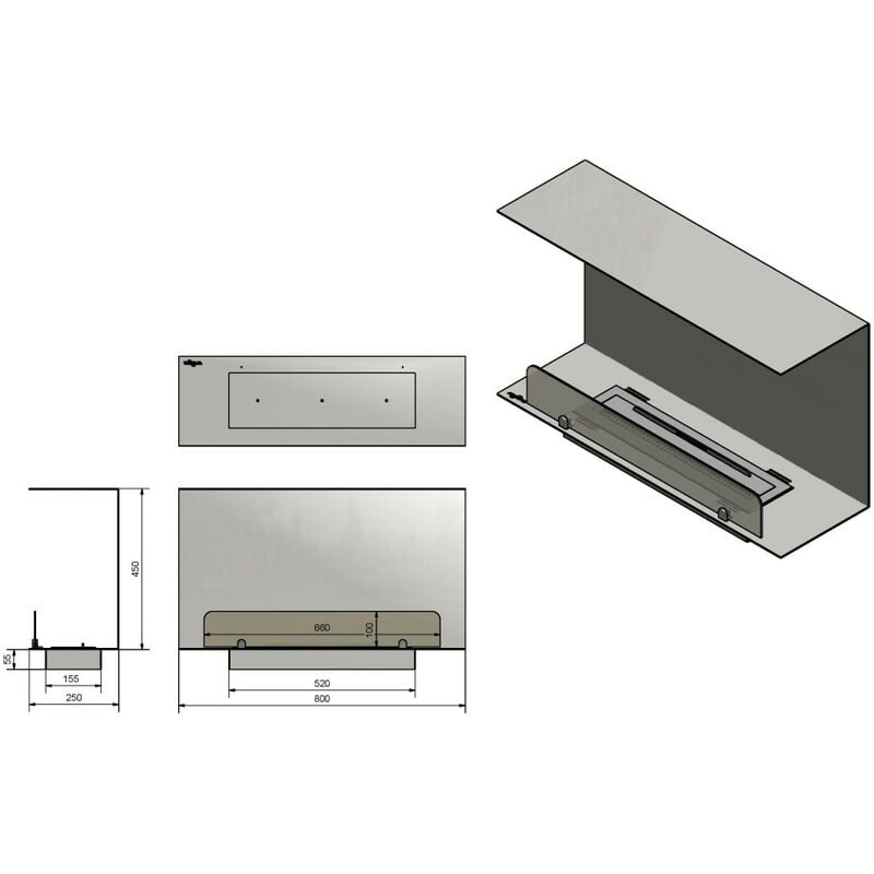 Caminetto a Bioetanolo Da Incasso di Design C800 V1 con Vetro Aperto su 3  Lati Bruciatore da 0,7 Litri