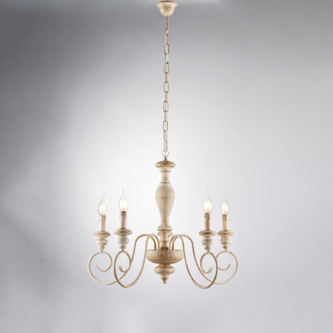 Cascina Lampadario in legno e ferro bianco e tortora 5 luci 115 Ø60 BL265-5-BT