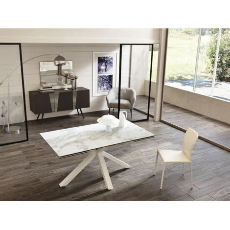 Tavolo Allungabile da 160cm a 240cm moderno Top in Ceramica su Vetro Temperato Marmo Bianco