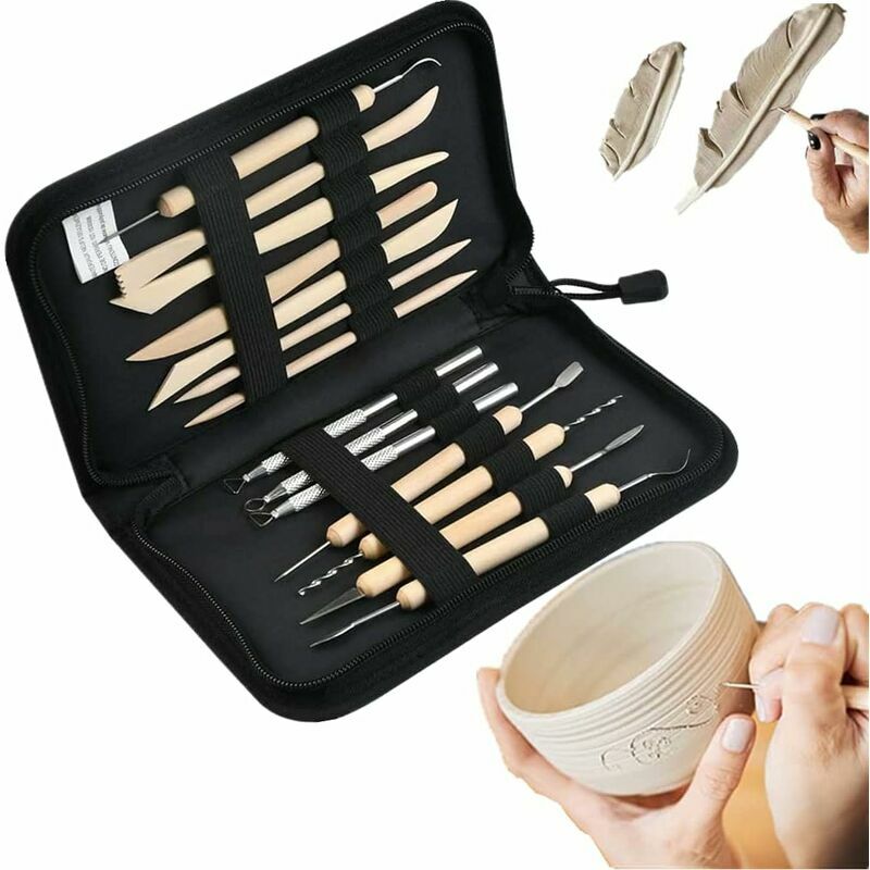 Ceramic Pottery Tool,Set of 19 Clay Sculpting Tools Pottery Carving Tool  Kit Wooden Handle for Beginners and Professional Art Crafts