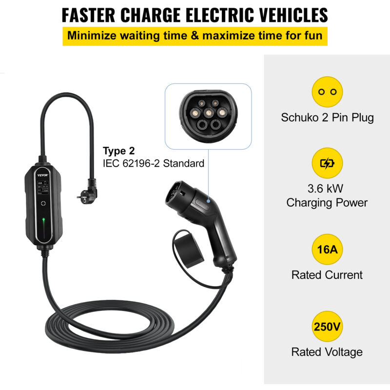 VEVOR Chargeur Ev Portable 3,6 kW Chargeur voiture électrique 250 V Câble  de recharge Type 2 Commutable Boîtier de Contrôle étanche Câble de Charge