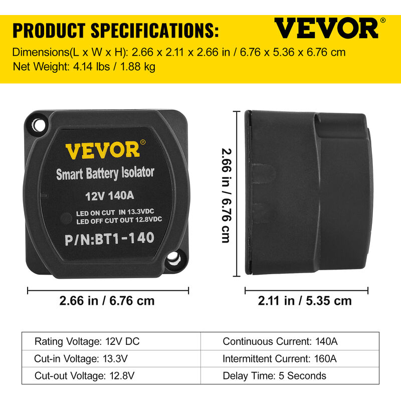 VEVOR Kit de Relais Sensible à la Tension 12 V 140 A Kit d'Isolateur de