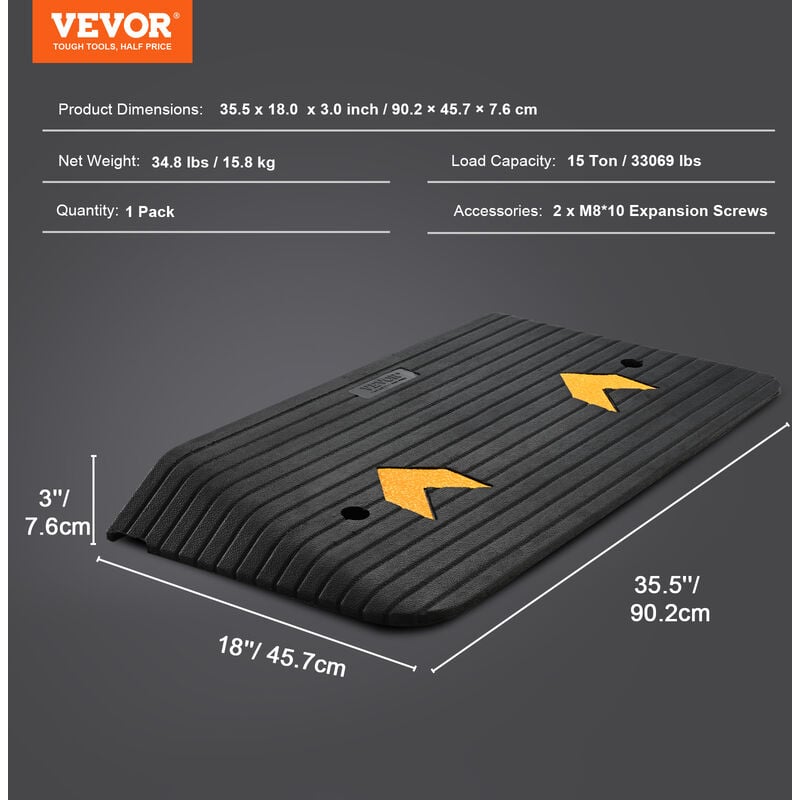 VEVOR Rampe de Seuil Hauteur 6,5 cm Rampe Trottoir Caoutchouc Capacité  Charge 15 tonnes Rampe Accès Fauteuil Roulant Antidérapante Extensible pour  Quai Chargement Garage Entrée Porte 122x40,5x6,5 cm