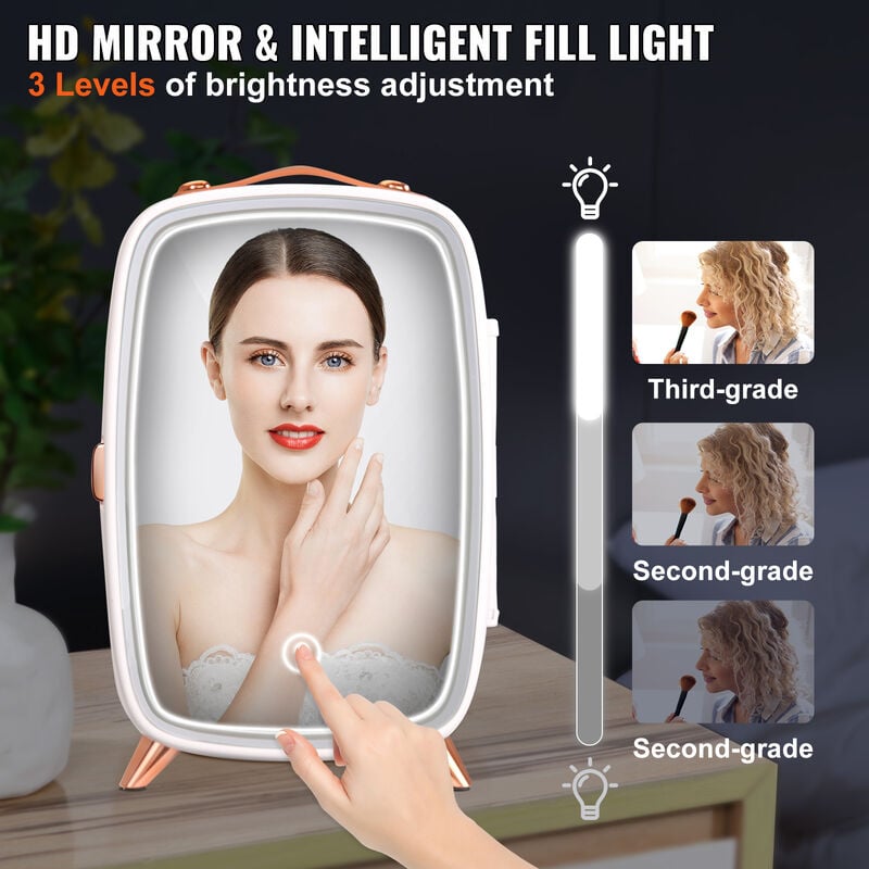 Mini frigo cosmetique 8l,alimentation ac+dc lumière led et miroir