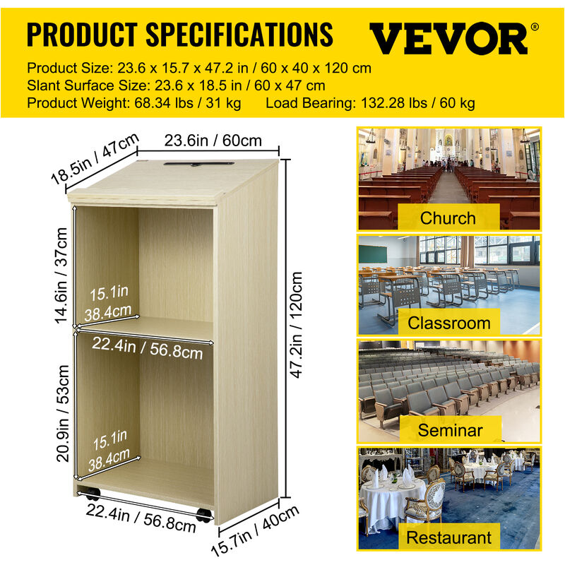 VEVOR Pupitre de Conférence 68,5 x 33 x 120 cm Podium de Présentation  Acrylique Plan Incliné avec Étagère de Stockage Lutrin Débout pour  Présentation