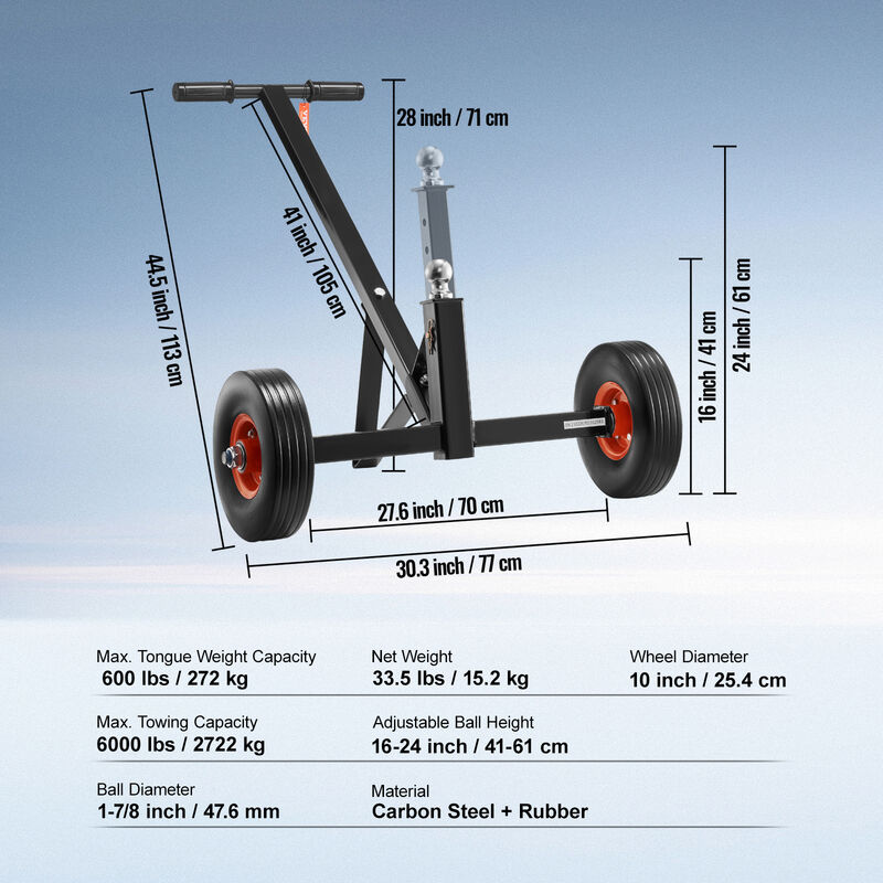 VEVOR Chariot de Remorque Charge 680,4 kg Chariot de Remorquage Ajustable 2  en 1 Hauteur Réglable 60-90 cm Boule 50,8 mm Pneus 40,6 cm Roue Universelle  pour Déplacer Remorque de Voitures Camping-car