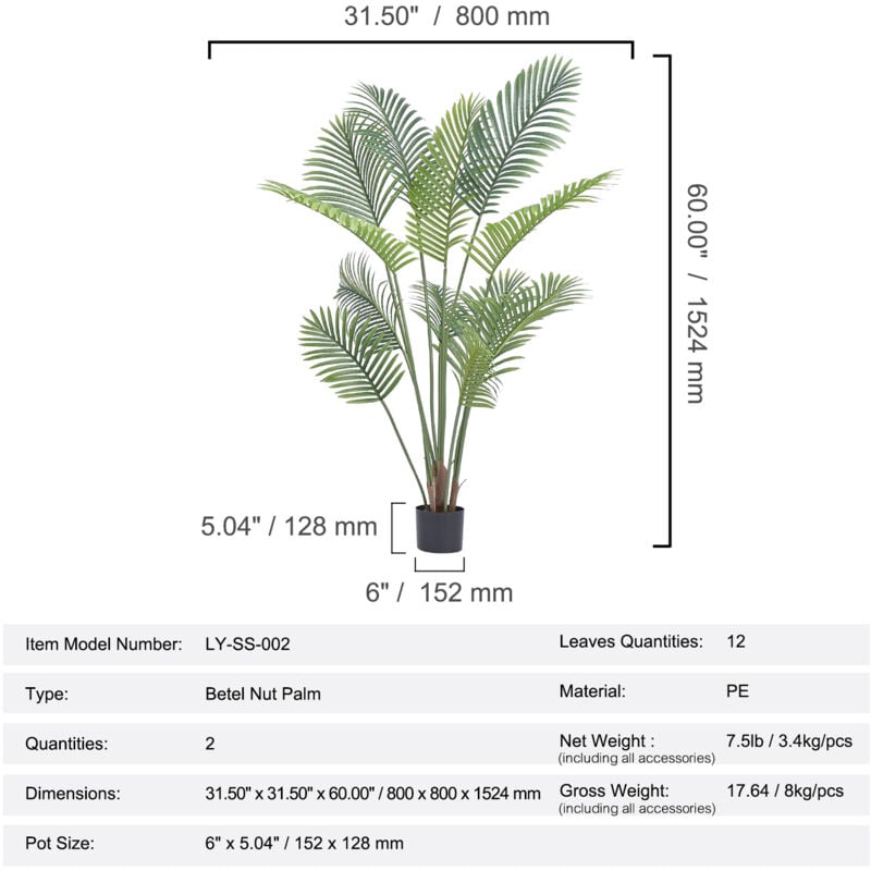 VEVOR Arbre Artificiel 1828 mm Plante Artificielle PE Palmier à Noix de  Bétel Faux Arbre Vert avec Pot 152x128 mm Fausse Plante de Décoration pour  Maison Bureau Centres Commerciaux Intérieur Extérieur