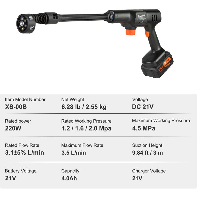 VEVOR Nettoyeur Haute Pression sur Batterie sans Fil 21 V Nettoyeur Haute  Puissance Portable 580 PSI 40 bar Laveuse Électrique 4 L/min Batterie 4,0  Ah Chargeur pour Nettoyage Terrasse Jardin Voiture