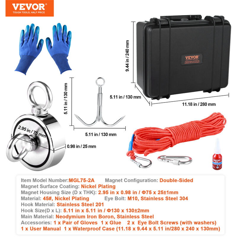 Aimant De Pêche Puissant VEVOR - Force 454 Kg, Double Face, Avec Corde, Gants, Grappin, Pour Trésors Sous-marins