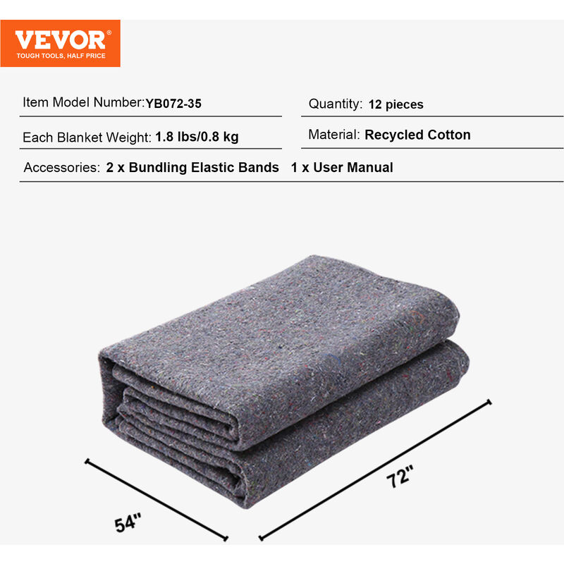 VEVOR Couvertures de Demenagement de Meubles 1829x1372 mm Lot de 12 Grandes Couvertures de Protection deEmballage Robustes en Coton Recycle pour Proteger Meubles Planchers Appareils Electromenagers 2