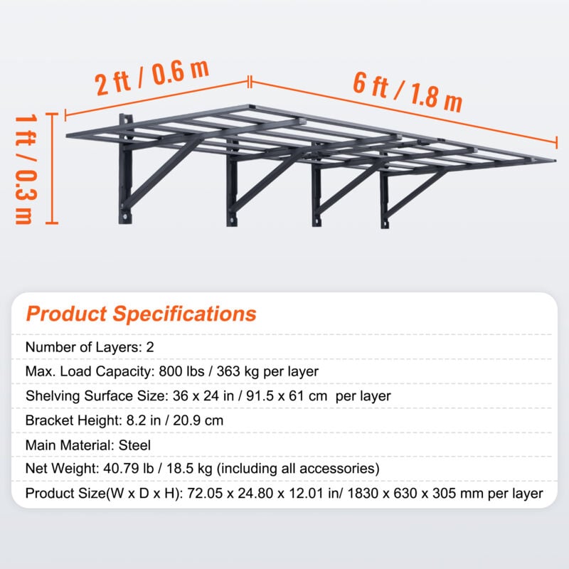 VEVOR Étagères Murale Garage 2 Pièces - 183x61 Cm - Charge 227 Kg Par Niveau - Métal Renforcé Pour Outils Lourds