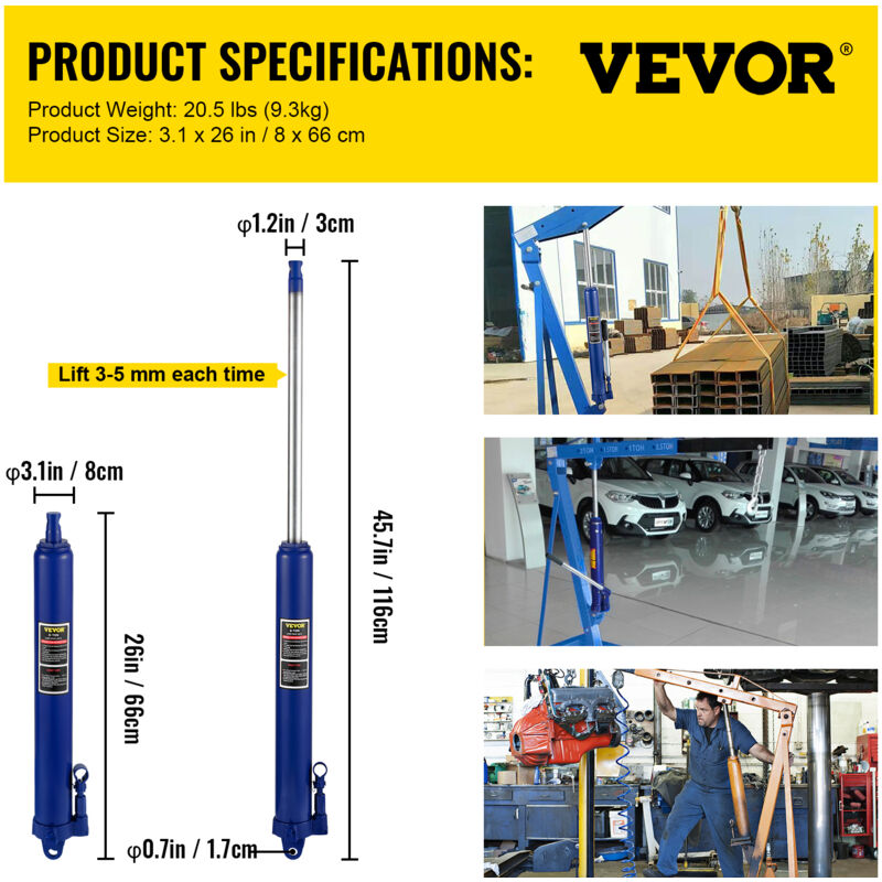 Vérin Hydraulique Long VEVOR 8 Tonnes - Pour Grue Atelier Et Levage Moteur - Course 50cm, Hauteur Max 116cm