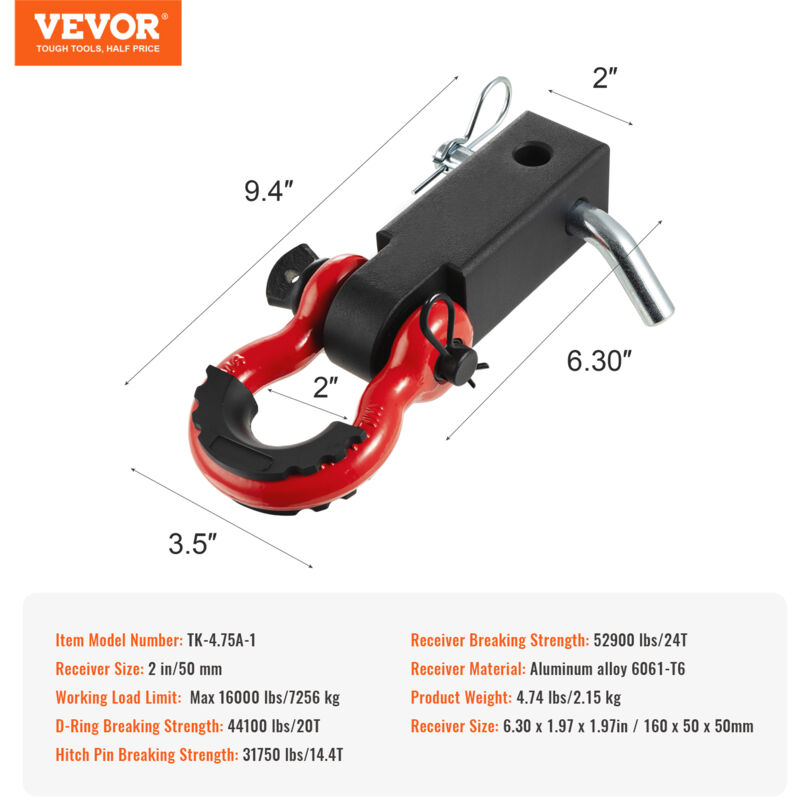 VEVOR Lot De 2 Manilles à Anneau D 19 Mm - Résistance à Rupture 28,5 T, Goupille à Vis 22 Mm, Parfaites Pour Remorquage VTT, Jeep, Camion - Orange