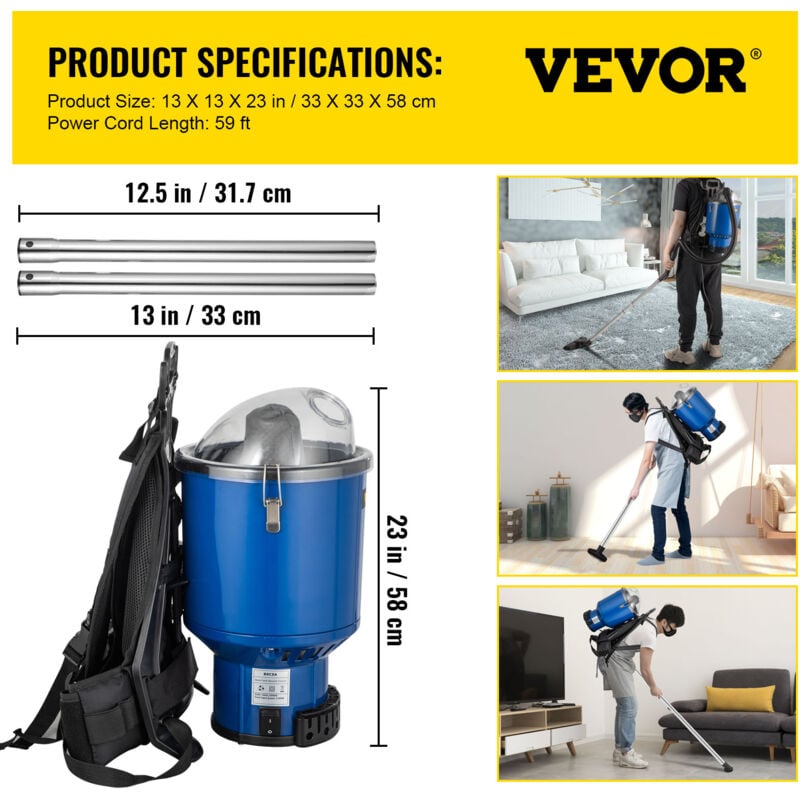 VEVOR Aspirateur Dorsal Professionnel 1000W Aspirateur Sac à Dos