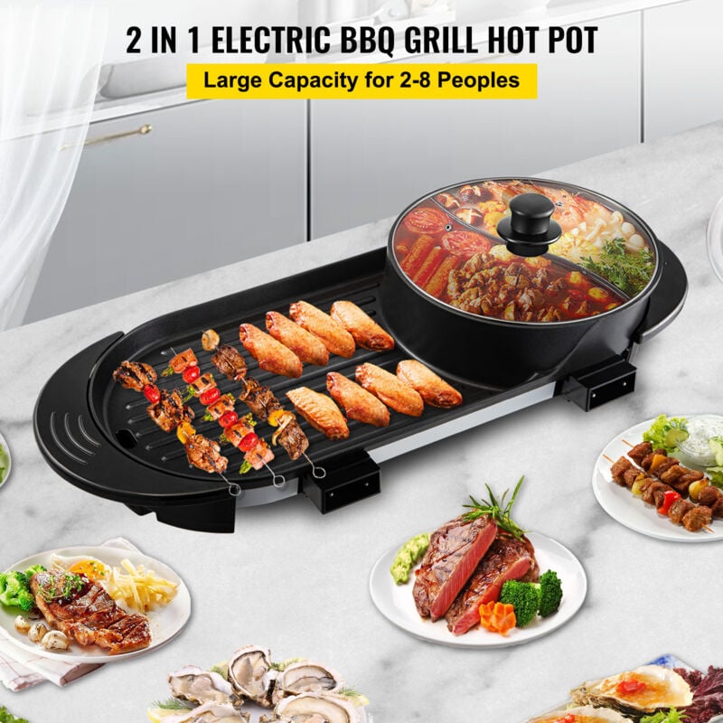 VEVOR Hot Pot BBQ 2100W Gril Electrique Multifonctionnel 70x29x25,5CM Fondue  Electrique Barbecue 2 en 1