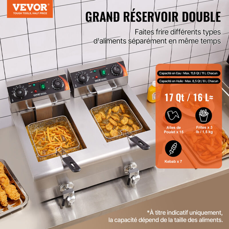 Friteuse Double 2x3L INOX Acier Inoxydable 3300W 90 °C 190° Couvercles Anti-éclaboussure - 2