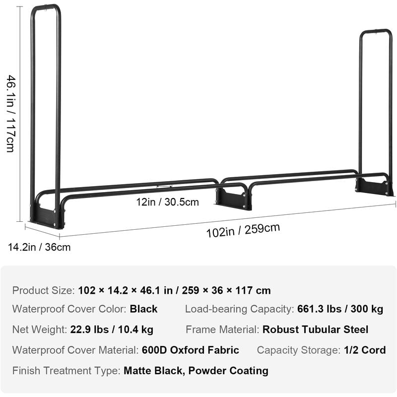 VEVOR Range Bûche Acier 244,5x36,2x122 cm Abris Bois Chauffage 590 kg  Capacité Porte-Bûches avec Couverture PVC 244,5x36,2x27,5 cm pour Rangement  Bûches Jardin Cheminée Intérieur & Extérieur Noir