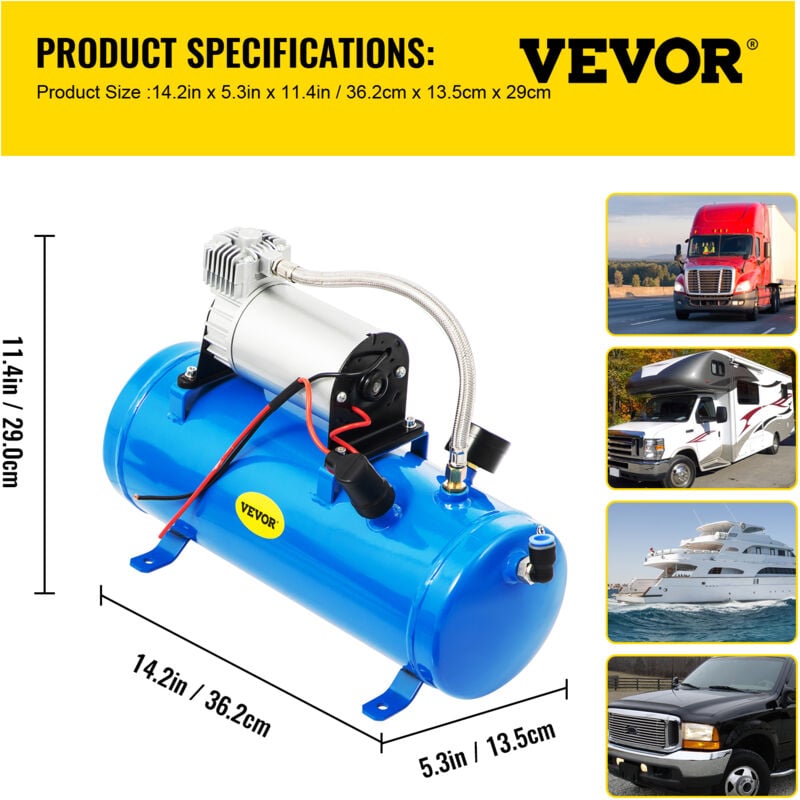 VEVOR Kit de Klaxon de Train Chromé 4 Trompettes 150 dB avec Compresseur d' Air Électrique 12V Réservoir 3L pour Camions Bateaux Camions Voitures