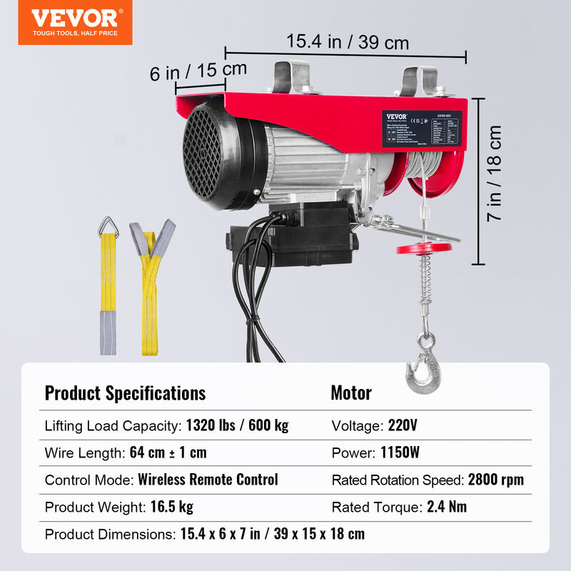 VEVOR Treuil électrique PA300 Palan Télécommande 150/300kg avec Câble de 1,5m  Grue de Levage