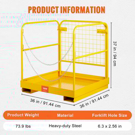 VEVOR Cage de Securite Chariots Elevateurs Capacite 544,3 kg Nacelle Plate-forme de Travail Pliable 91,4 x 91,4 cm 1-2 Personnes Garde-corps Double Chaine Vidange Antiderapant pour Travaux en Hauteur