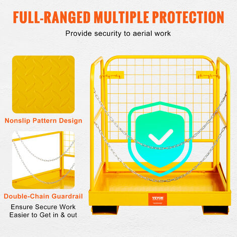 VEVOR Cage de Securite Chariots Elevateurs Capacite 544,3 kg Nacelle Plate-forme de Travail Pliable 91,4 x 91,4 cm 1-2 Personnes Garde-corps Double Chaine Vidange Antiderapant pour Travaux en Hauteur
