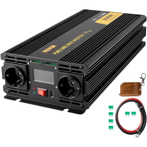 VEVOR Convertisseur Pur Sinus DC 12V a AC 230V, Convertisseur Sinusoïdal Pur 2500W, Onduleur a Onde Sinusoïdale Ecran LCD, Convertisseur de Tension Pure Protections de Securite avec Telecommande Cable